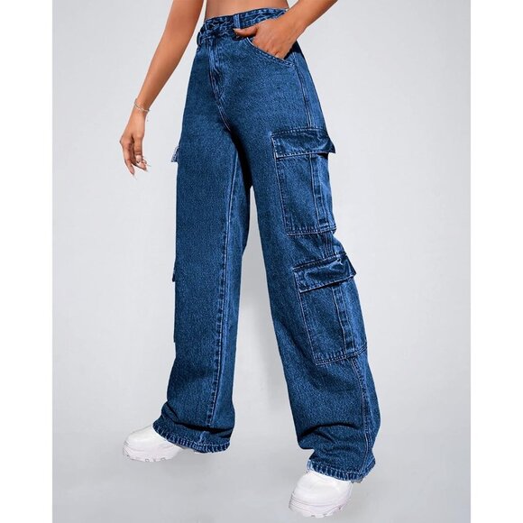 Women's High Waist Cargo Jeans Denim Wide Leg Flap Pocket Streetwear - Picture 6 of 6